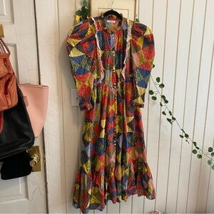 XS Doen Nicolette Patchwork Cotton Modest Long Sleeve Cottagecore Midi Dress